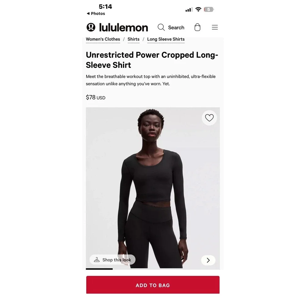 $78 Lululemon Unrestricted Power Cropped Long-Sleeve Shirt Size 4